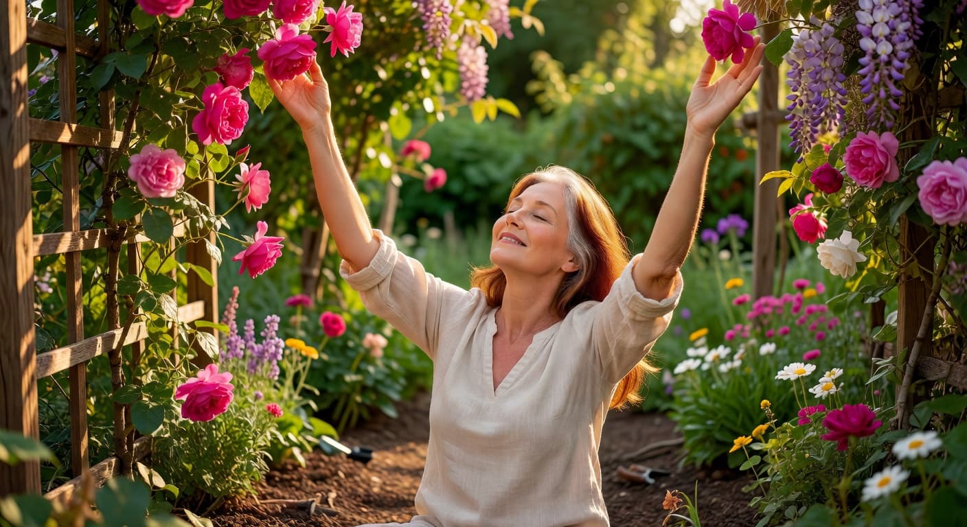 Woman gardening with full overhead shoulder mobility restored after Shoulder Artery Embolization (SAE)