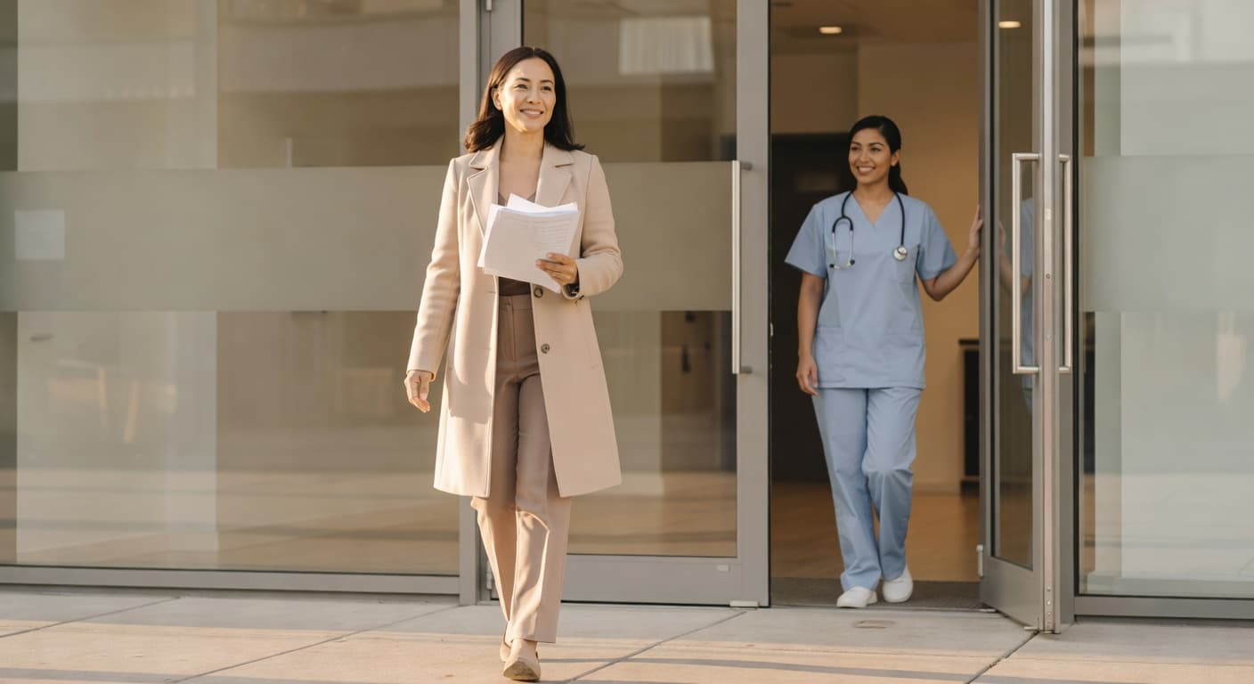 Confident woman walking out of medical office same-day after Uterine Fibroid Embolization (UFE) — uterus-sparing alternative to hysterectomy